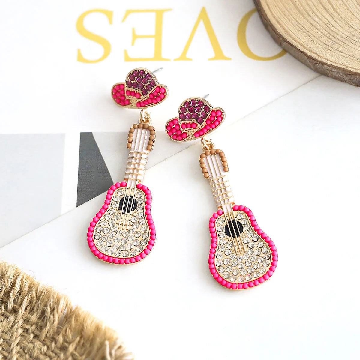 1 Pair Hawaiian Tropical Guitar Inlay Alloy Artificial Diamond Resin Drop Earrings