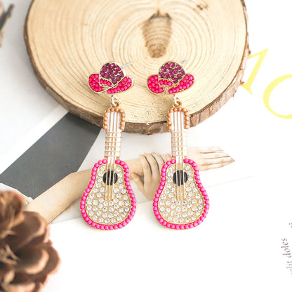 1 Pair Hawaiian Tropical Guitar Inlay Alloy Artificial Diamond Resin Drop Earrings