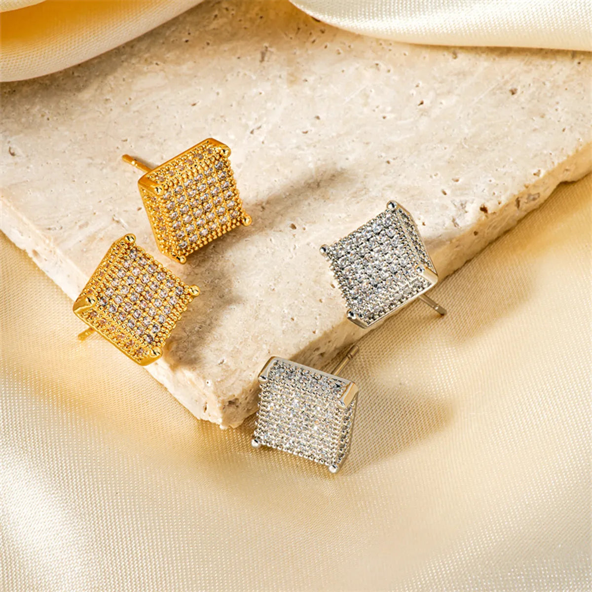 1 Pair Hawaiian Tropical Shiny Square Inlay Copper Zircon K Gold Plated Rhodium Plated Ear Studs