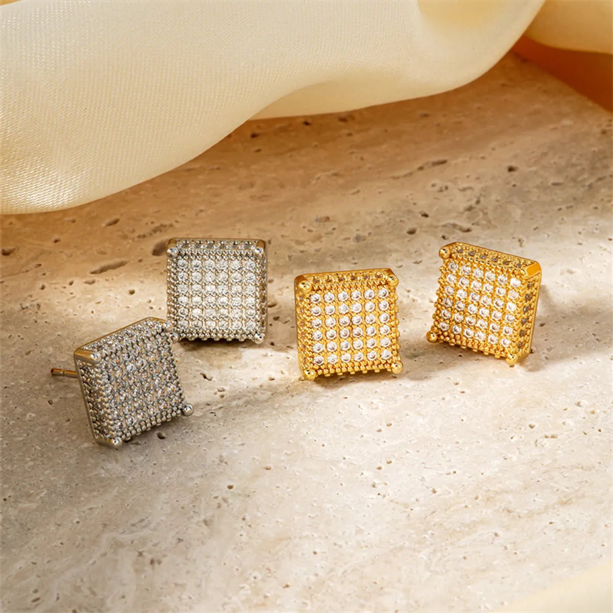 1 Pair Hawaiian Tropical Shiny Square Inlay Copper Zircon K Gold Plated Rhodium Plated Ear Studs