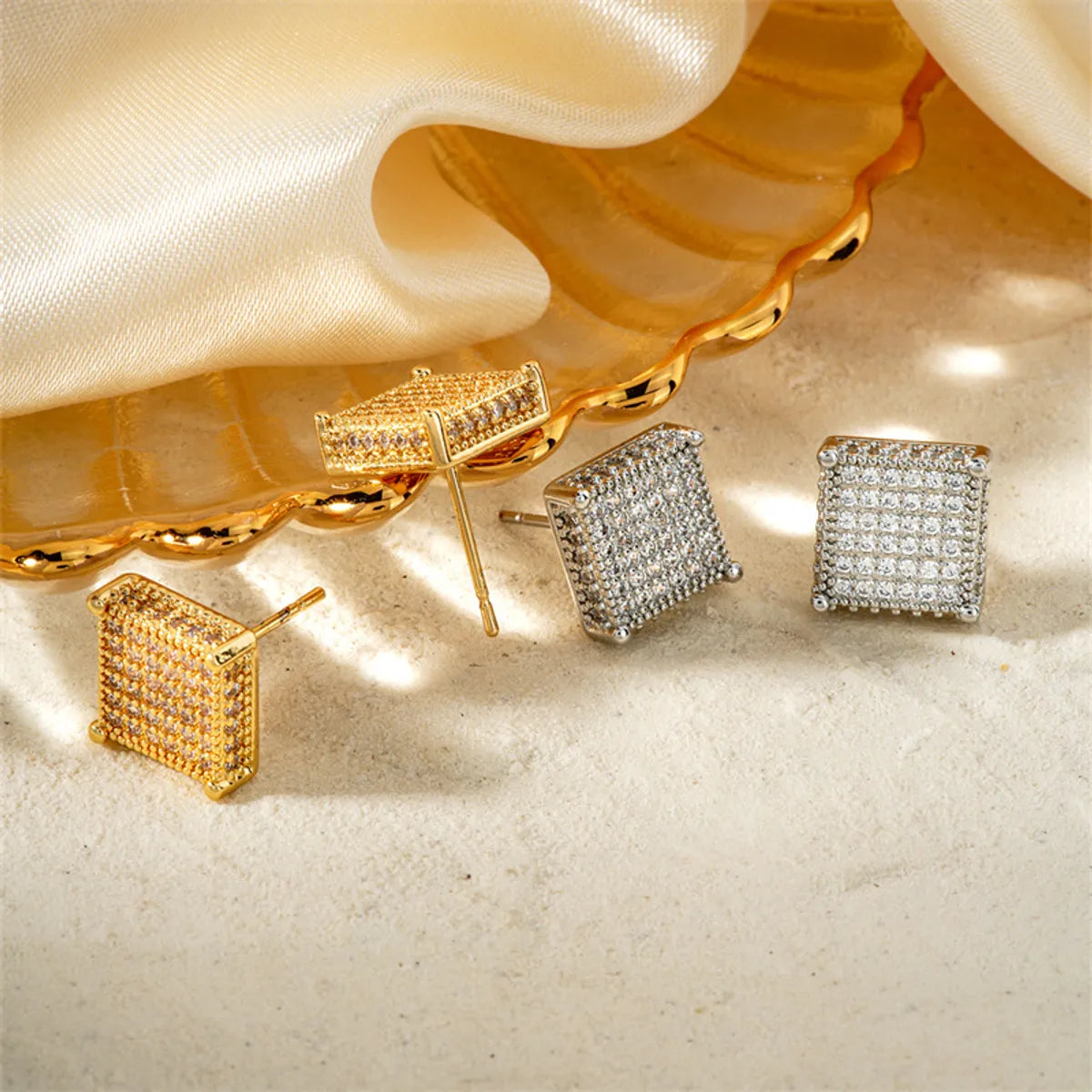 1 Pair Hawaiian Tropical Shiny Square Inlay Copper Zircon K Gold Plated Rhodium Plated Ear Studs