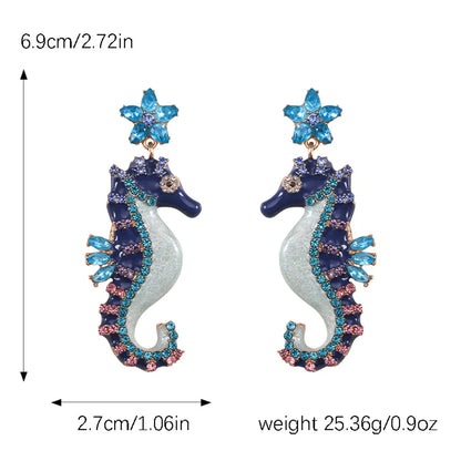 1 Pair Hawaiian Vacation Hippocampus Plating Inlay Alloy Artificial Gemstones Gold Plated Drop Earrings