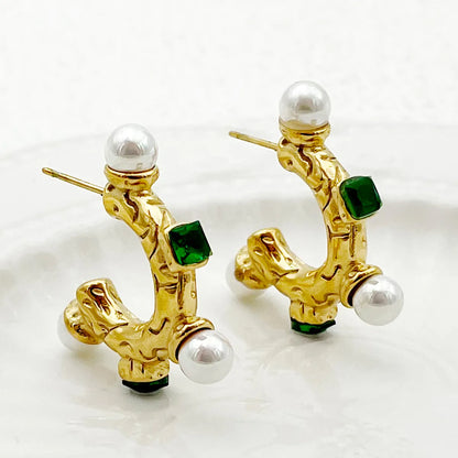 1 Pair Hawaiian Vacation Shiny C Shape Plating Inlay 304 Stainless Steel Natural Stone Pearl Zircon Gold Plated Ear Studs