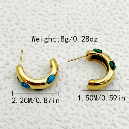 1 Pair Hawaiian Vacation Shiny C Shape Plating Inlay 304 Stainless Steel Natural Stone Pearl Zircon Gold Plated Ear Studs