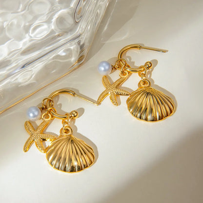 1 Pair Hawaiian Vacation Starfish Shell Inlay 304 Stainless Steel Artificial Pearls 18K Gold Plated Drop Earrings