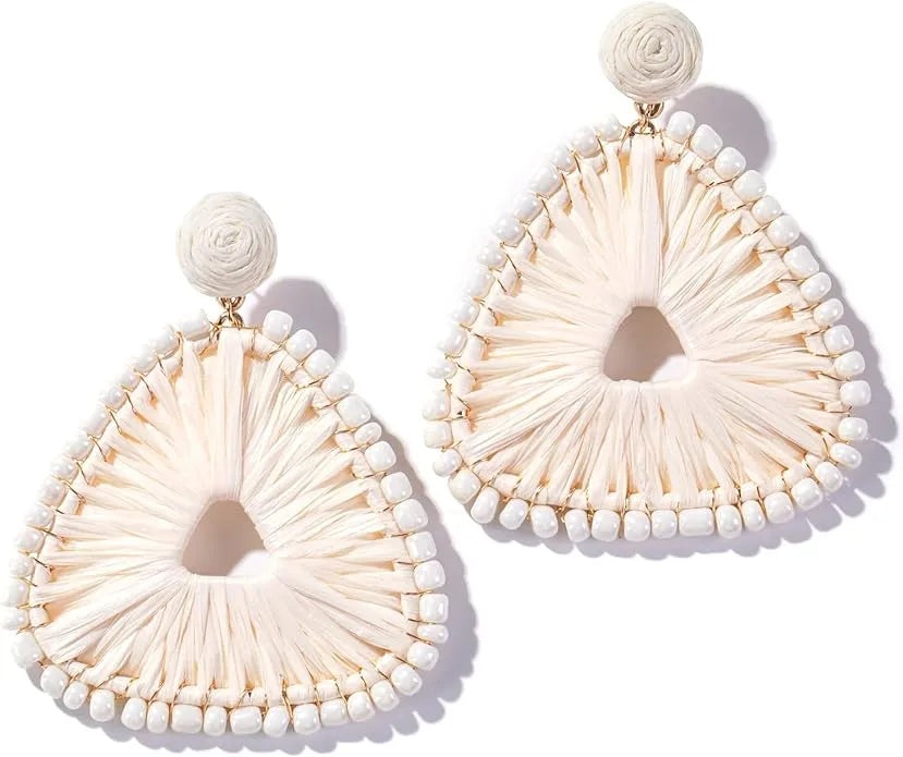 1 Pair Hawaiian Vacation Triangle Beaded Handmade Braid Alloy Raffia Drop Earrings