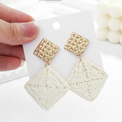 1 Pair Hawaiian Vacation Tropical Geometric Rhombus Braid Raffia Drop Earrings