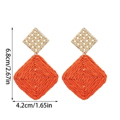 1 Pair Hawaiian Vacation Tropical Geometric Rhombus Braid Raffia Drop Earrings