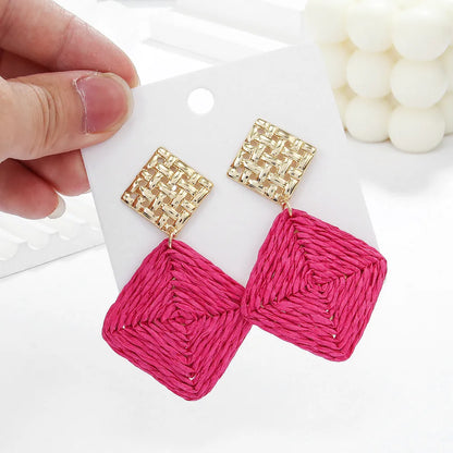 1 Pair Hawaiian Vacation Tropical Geometric Rhombus Braid Raffia Drop Earrings