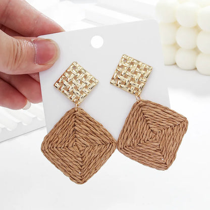 1 Pair Hawaiian Vacation Tropical Geometric Rhombus Braid Raffia Drop Earrings