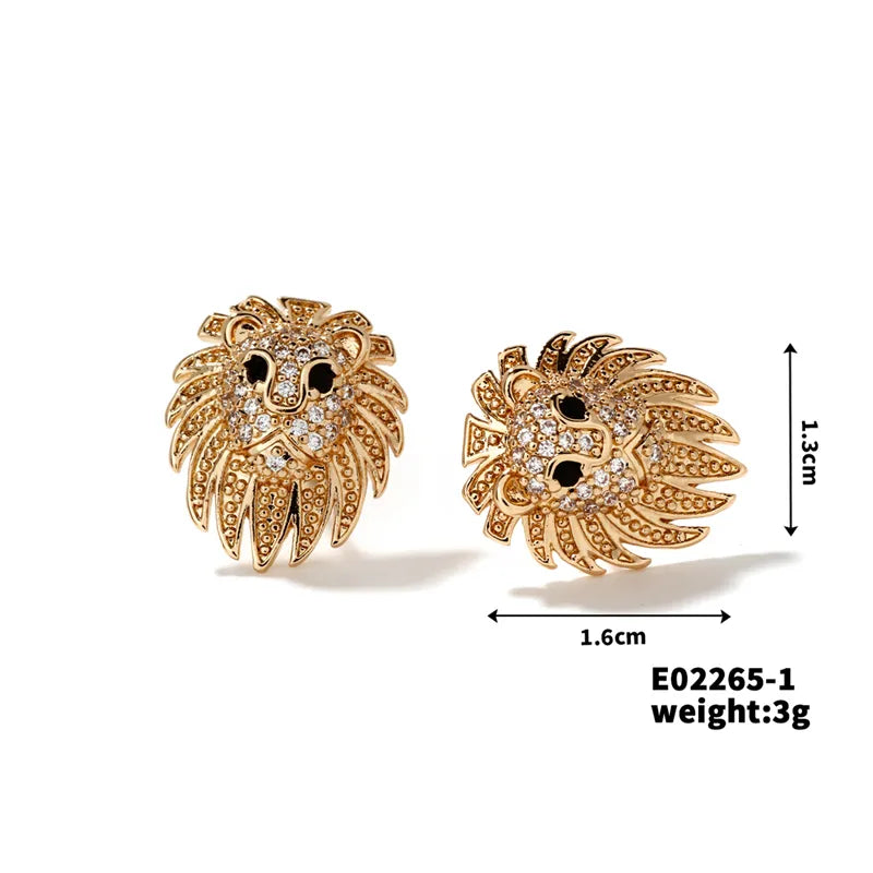 1 Pair Hawaiian Vacation Tropical Lion Three-Dimensional Inlay Copper Zircon K Gold Plated Rhodium Plated Ear Studs