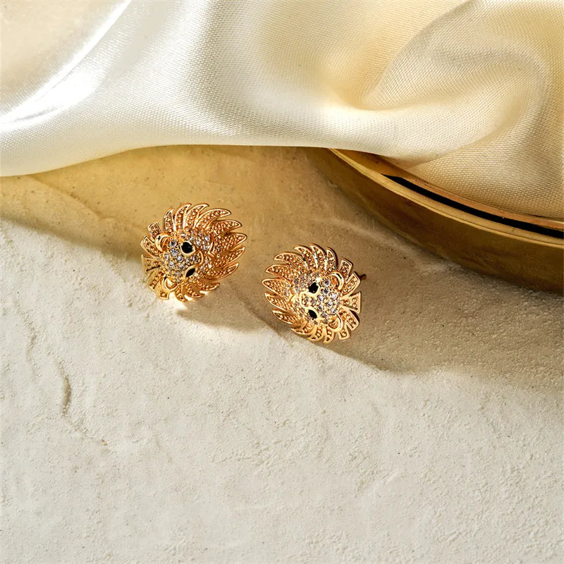 1 Pair Hawaiian Vacation Tropical Lion Three-Dimensional Inlay Copper Zircon K Gold Plated Rhodium Plated Ear Studs