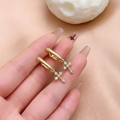 1 Pair Hip-hop Cross Plating Inlay Copper Rhinestones White Gold Plated Gold Plated Drop Earrings