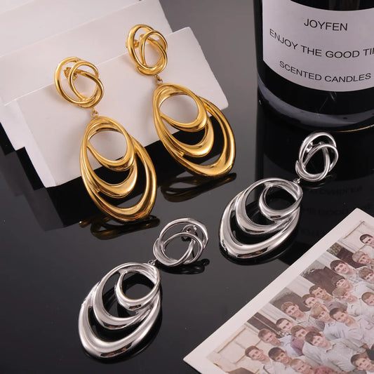 1 Pair Hip-Hop Exaggerated Oval Lines Layered Hollow Out 304 Stainless Steel 18K Gold Plated Drop Earrings