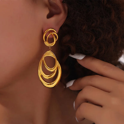 1 Pair Hip-Hop Exaggerated Oval Lines Layered Hollow Out 304 Stainless Steel 18K Gold Plated Drop Earrings