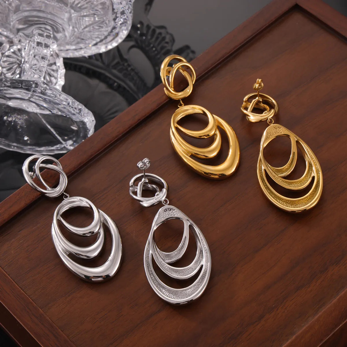 1 Pair Hip-Hop Exaggerated Oval Lines Layered Hollow Out 304 Stainless Steel 18K Gold Plated Drop Earrings