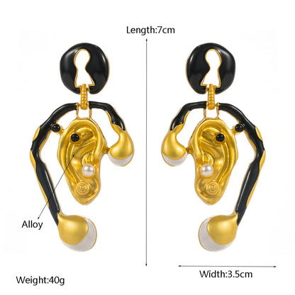 1 Pair Hip-Hop Exaggerated Rock Ear Nose Inlay Alloy Artificial Pearls Rhinestones Gold Plated Drop Earrings