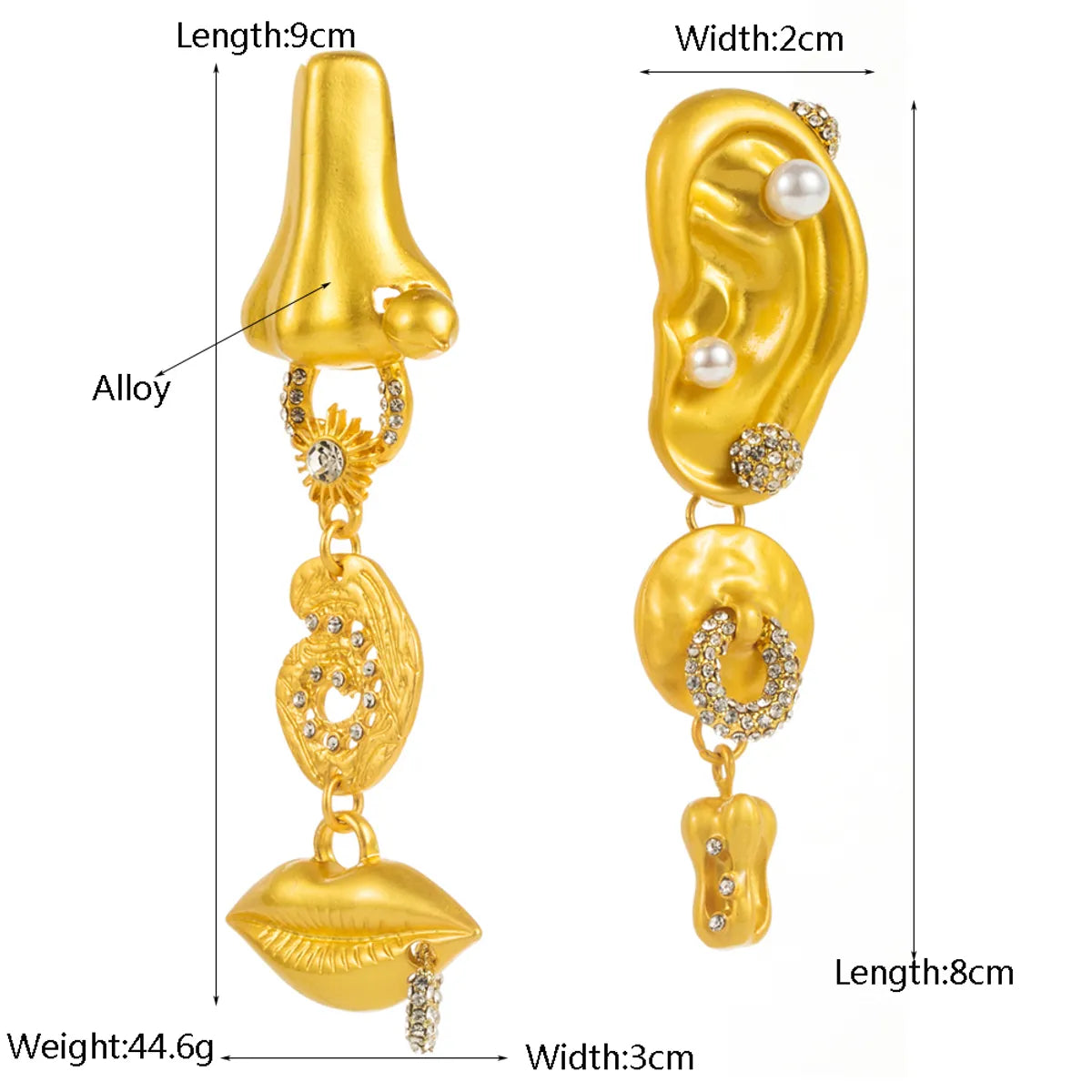 1 Pair Hip-Hop Exaggerated Rock Ear Nose Inlay Alloy Artificial Pearls Rhinestones Gold Plated Drop Earrings