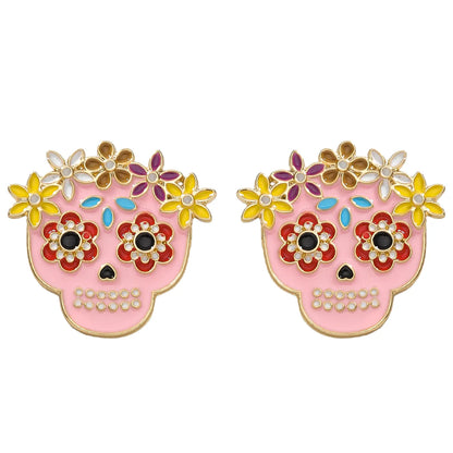 1 Pair Hip-Hop Funny Floral Skull Alloy Ear Studs