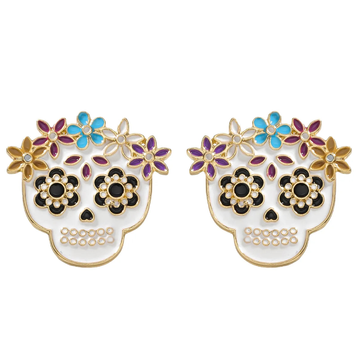 1 Pair Hip-Hop Funny Floral Skull Alloy Ear Studs