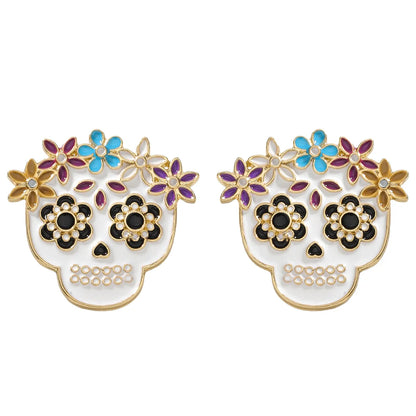 1 Pair Hip-Hop Funny Floral Skull Alloy Ear Studs