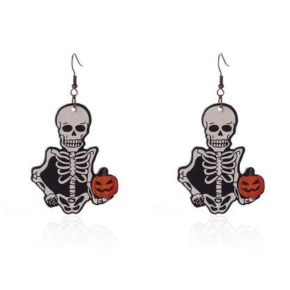 1 Pair Hip-Hop Funny Ghost Spider Skull Wood Drop Earrings