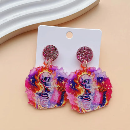 1 Pair Hip-Hop Funny Pumpkin Skull Ghost Asymmetrical Printing Arylic Drop Earrings