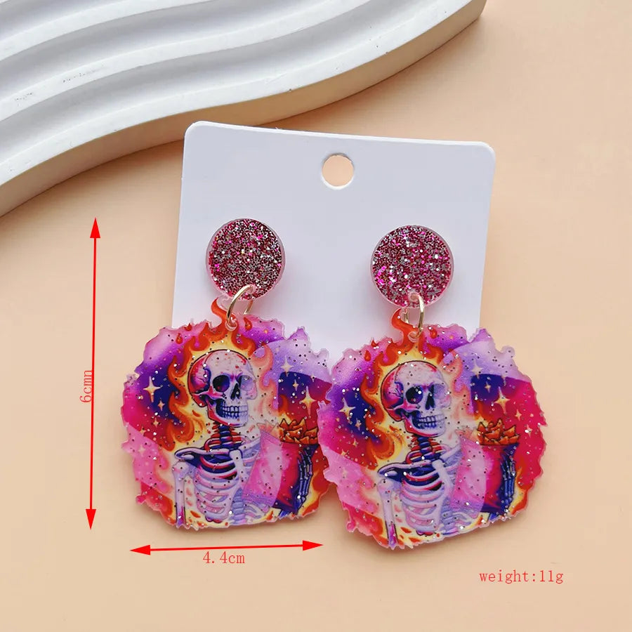 1 Pair Hip-Hop Funny Pumpkin Skull Ghost Asymmetrical Printing Arylic Drop Earrings