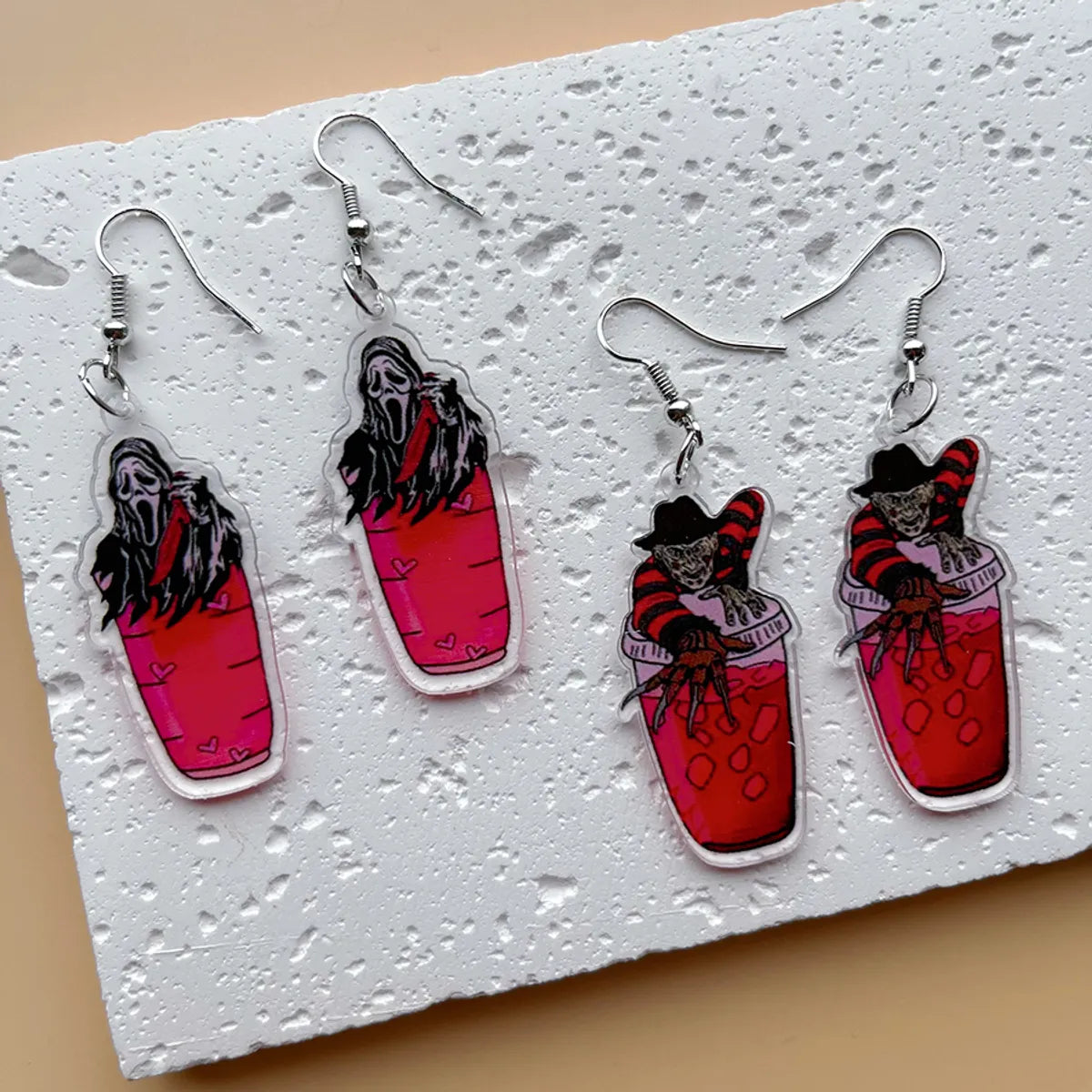 1 Pair Hip-Hop Funny Pumpkin Skull Ghost Asymmetrical Printing Arylic Drop Earrings