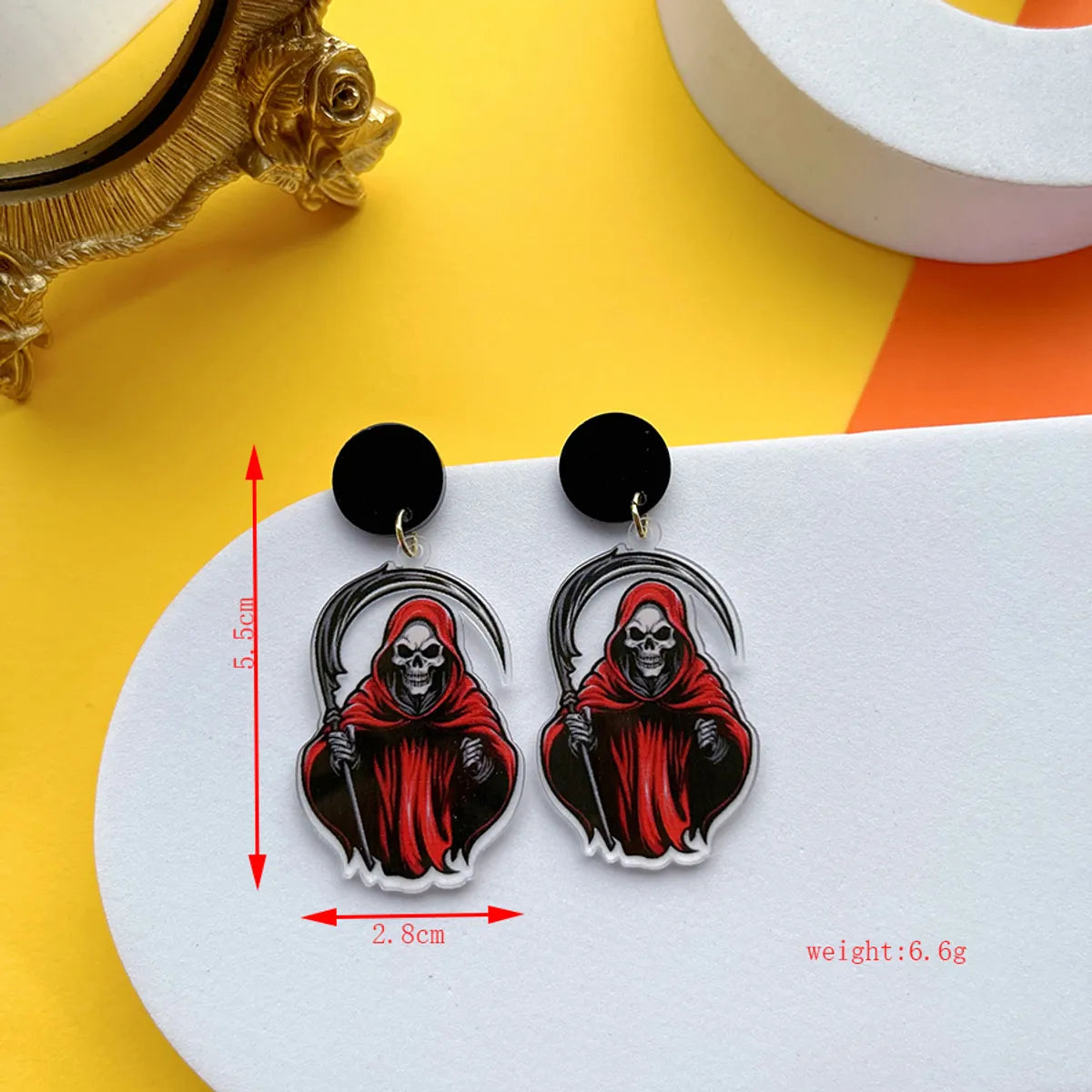 1 Pair Hip-Hop Funny Shiny Pumpkin Skull Ghost Asymmetrical Printing Arylic Drop Earrings