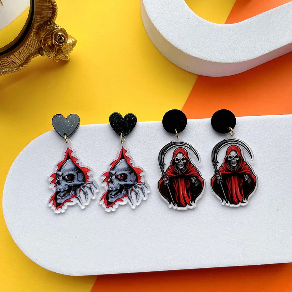 1 Pair Hip-Hop Funny Shiny Pumpkin Skull Ghost Asymmetrical Printing Arylic Drop Earrings