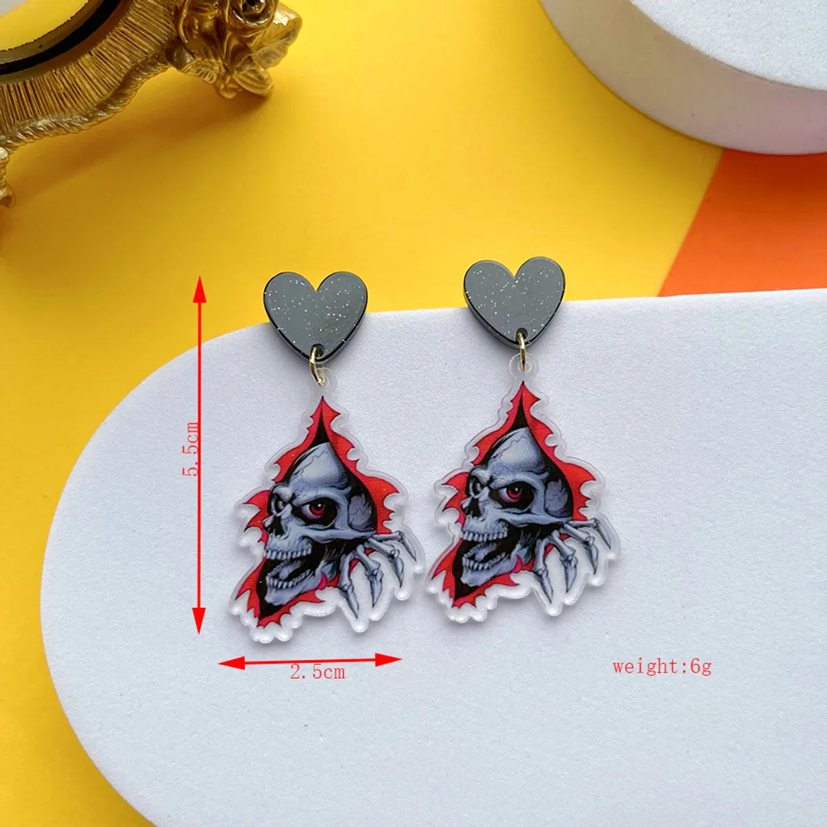 1 Pair Hip-Hop Funny Shiny Pumpkin Skull Ghost Asymmetrical Printing Arylic Drop Earrings