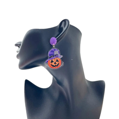 1 Pair Hip-Hop Funny Shiny Pumpkin Skull Ghost Asymmetrical Printing Arylic Drop Earrings