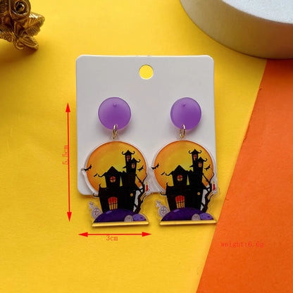 1 Pair Hip-Hop Funny Shiny Pumpkin Skull Ghost Asymmetrical Printing Arylic Drop Earrings