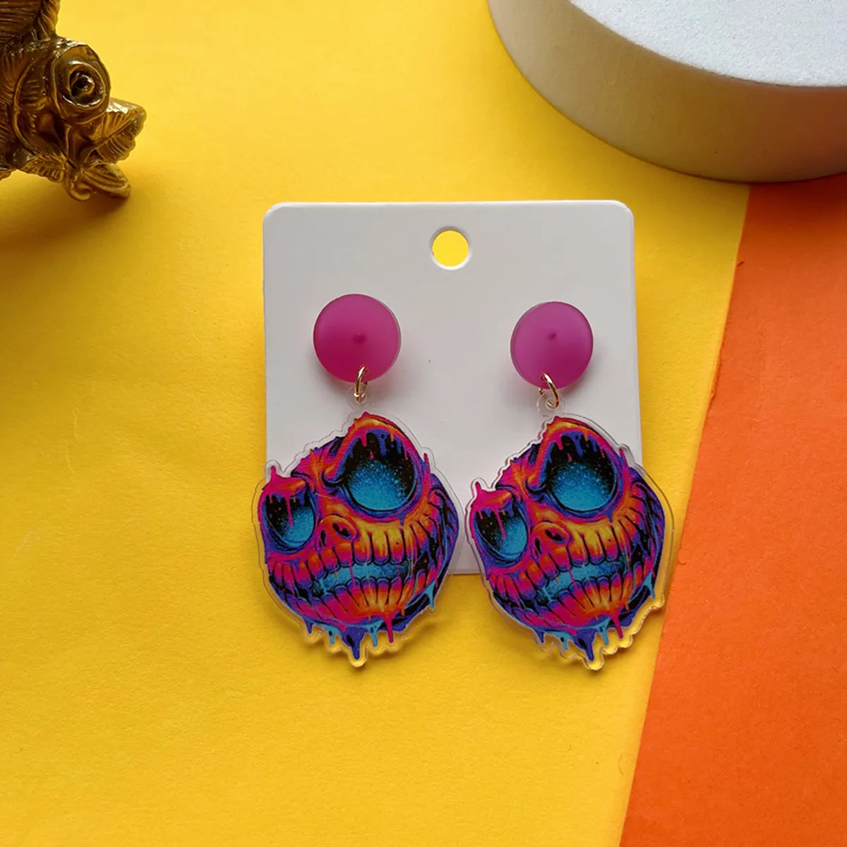 1 Pair Hip-Hop Funny Shiny Pumpkin Skull Ghost Asymmetrical Printing Arylic Drop Earrings