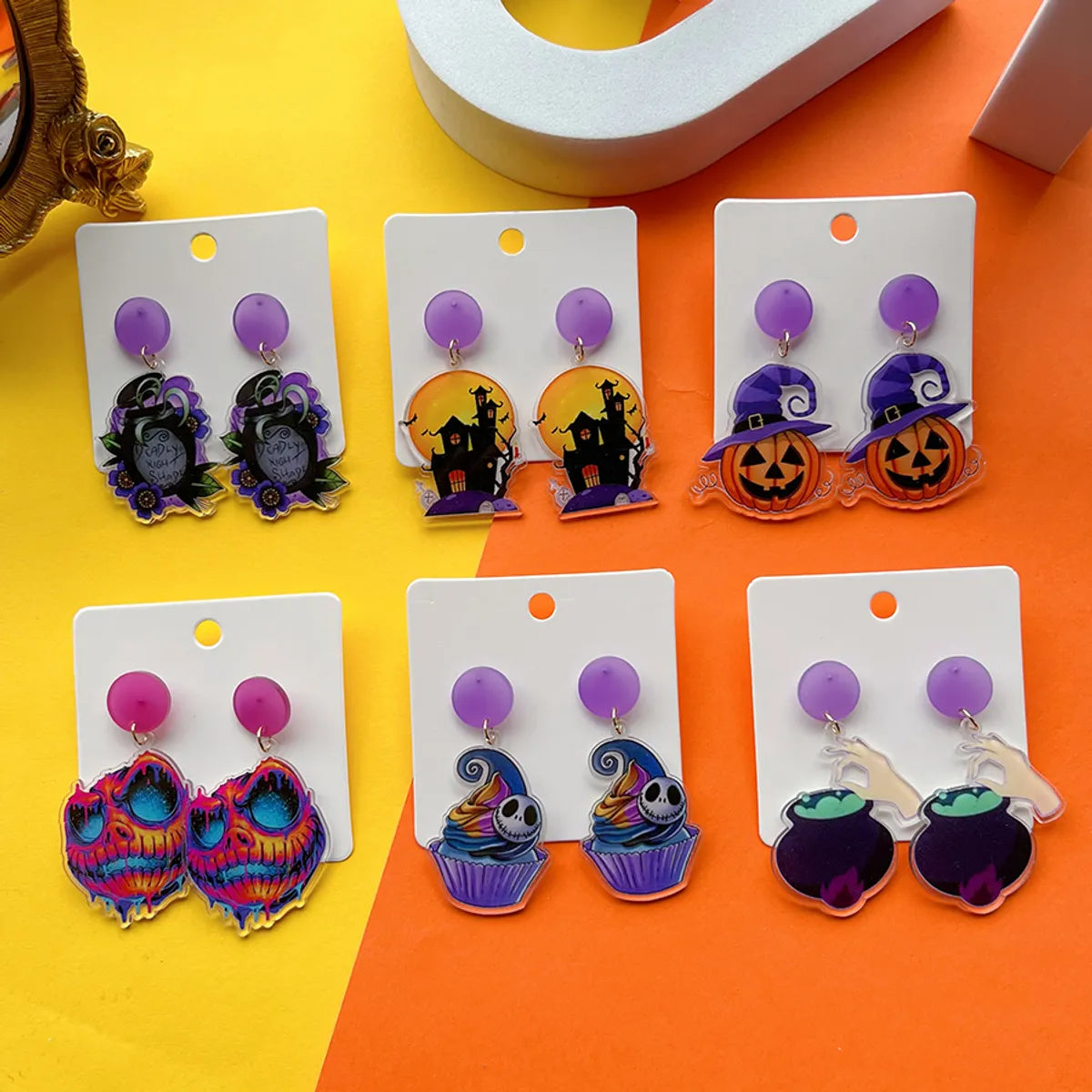 1 Pair Hip-Hop Funny Shiny Pumpkin Skull Ghost Asymmetrical Printing Arylic Drop Earrings