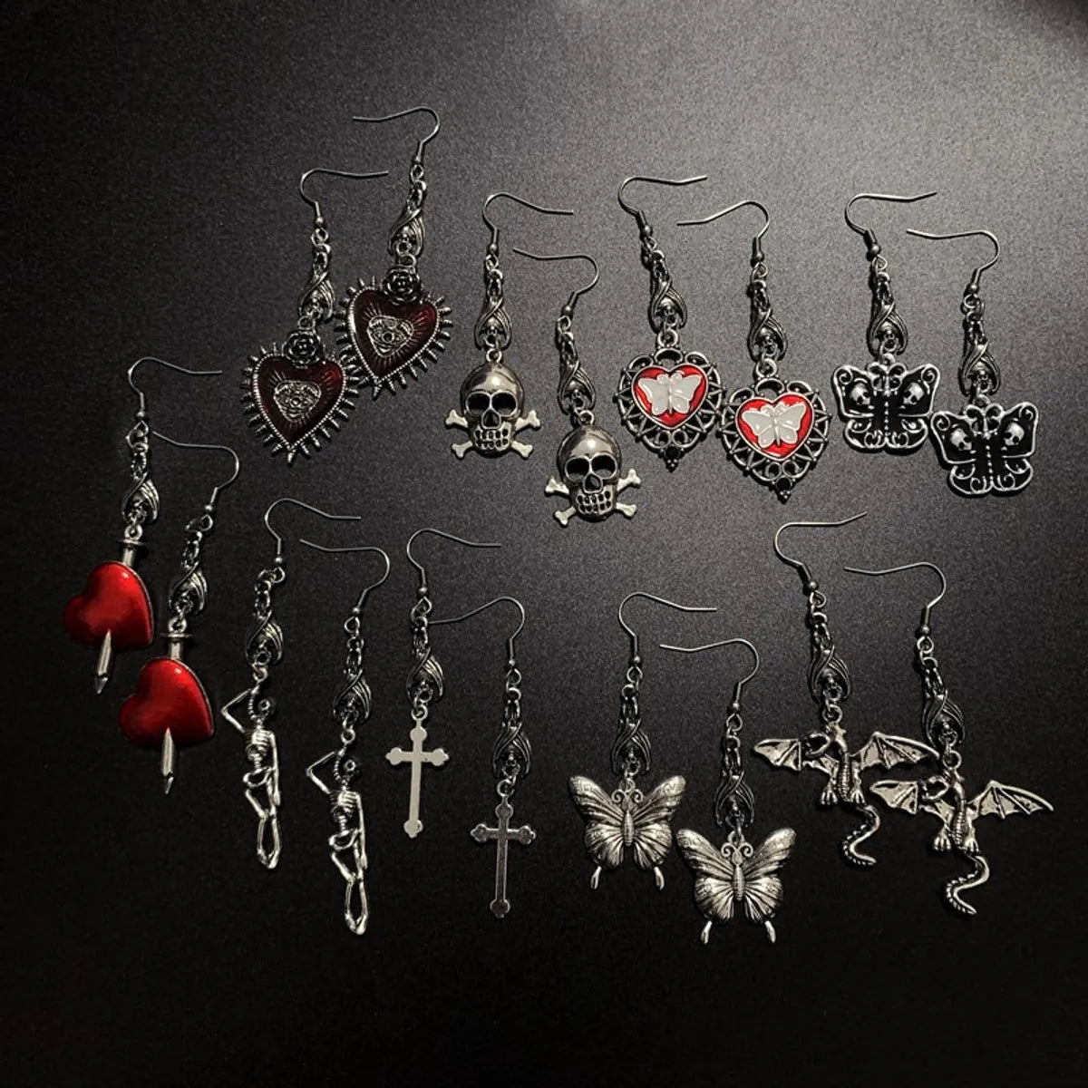 1 Pair Hip-Hop Heart Shape Butterfly Skull Alloy Drop Earrings