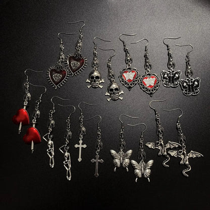 1 Pair Hip-Hop Heart Shape Butterfly Skull Alloy Drop Earrings