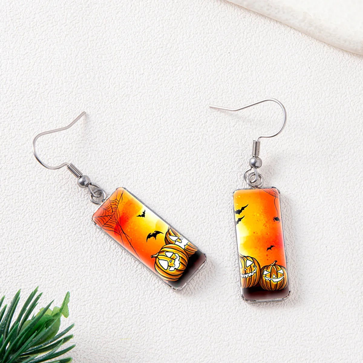 1 Pair Hip-Hop Punk Pumpkin Ghost Bat Inlay Stainless Steel Glass Drop Earrings