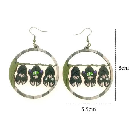 1 Pair Hip-Hop Retro Bat Skull Wood Drop Earrings