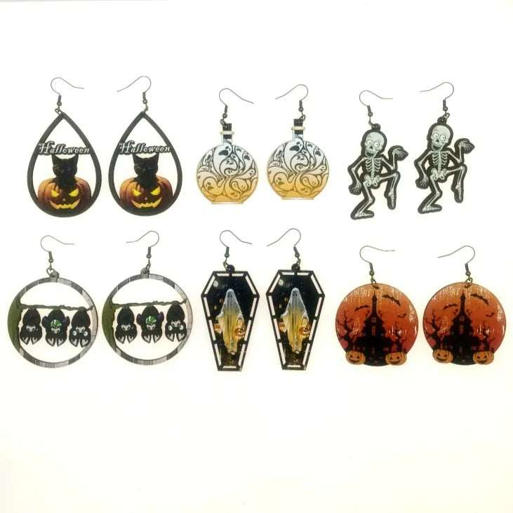 1 Pair Hip-Hop Retro Bat Skull Wood Drop Earrings