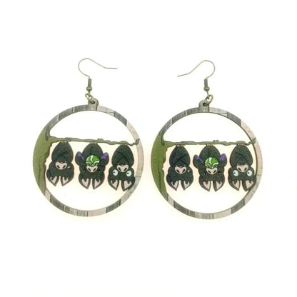 1 Pair Hip-Hop Retro Bat Skull Wood Drop Earrings