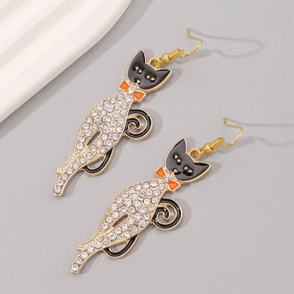 1 Pair Hip-Hop Retro Geometric Cat Skull Enamel Inlay Alloy Rhinestones Drop Earrings