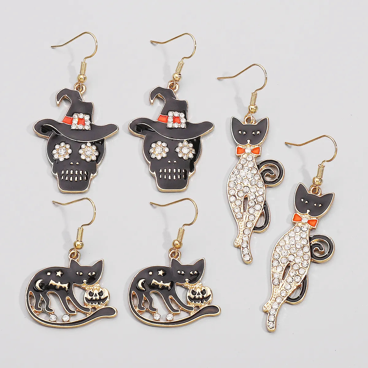 1 Pair Hip-Hop Retro Geometric Cat Skull Enamel Inlay Alloy Rhinestones Drop Earrings