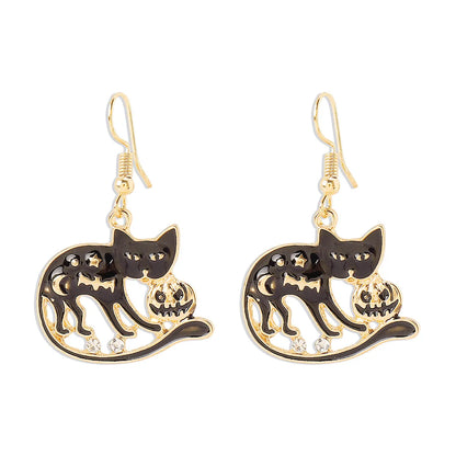 1 Pair Hip-Hop Retro Geometric Cat Skull Enamel Inlay Alloy Rhinestones Drop Earrings