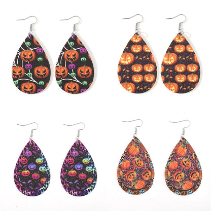 1 Pair Hip-Hop Retro Printing Pumpkin Water Droplets Pu Leather Drop Earrings