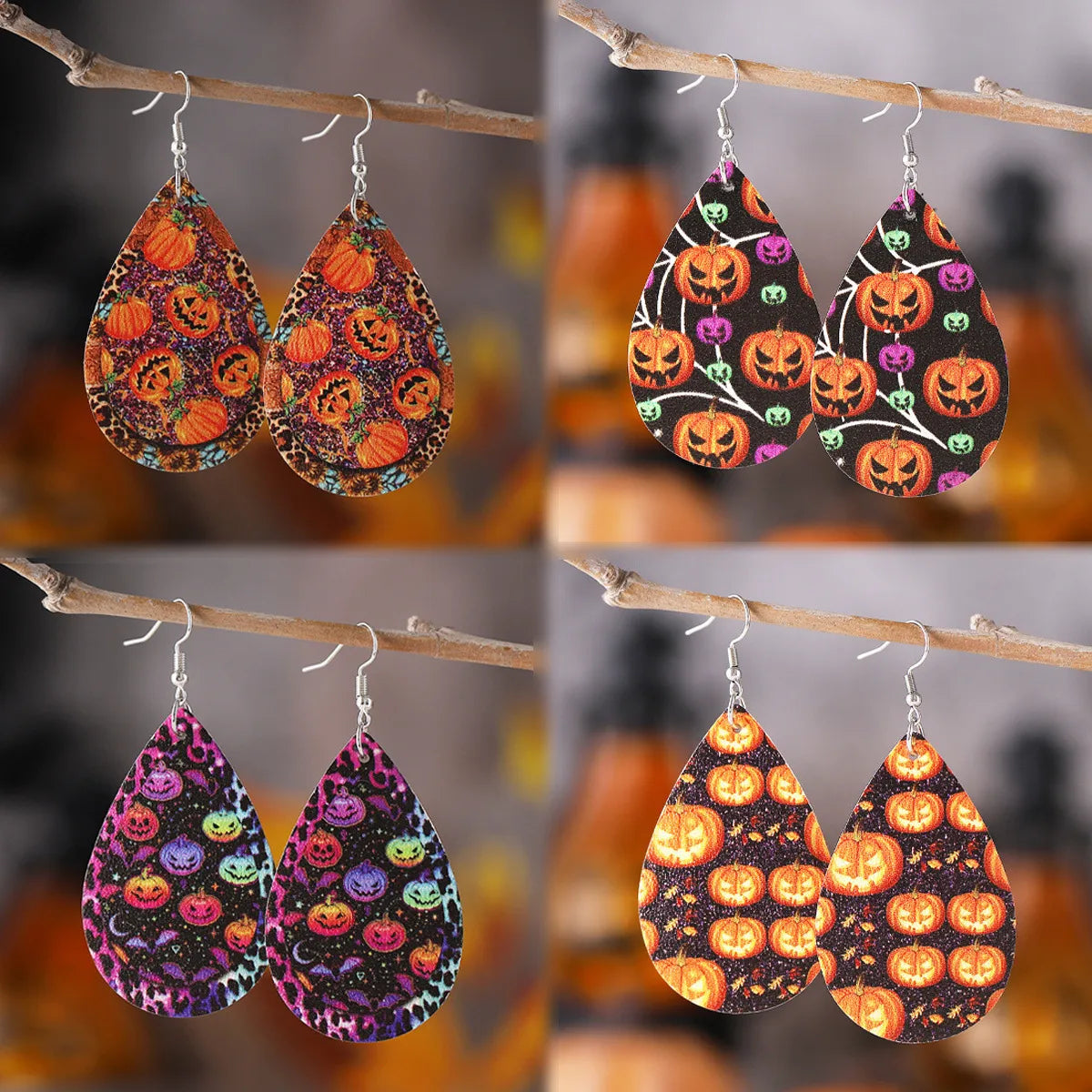 1 Pair Hip-Hop Retro Printing Pumpkin Water Droplets Pu Leather Drop Earrings