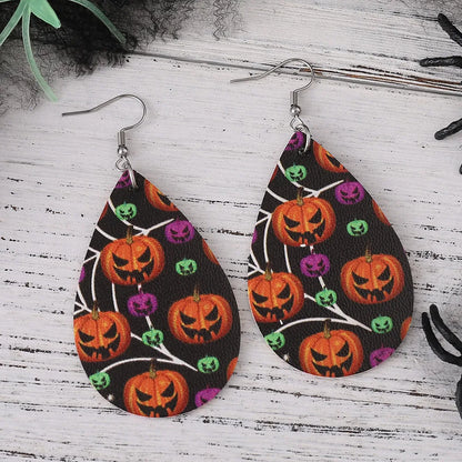 1 Pair Hip-Hop Retro Printing Pumpkin Water Droplets Pu Leather Drop Earrings