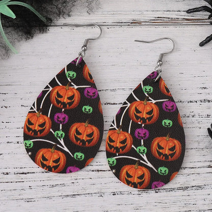 1 Pair Hip-Hop Retro Printing Pumpkin Water Droplets Pu Leather Drop Earrings