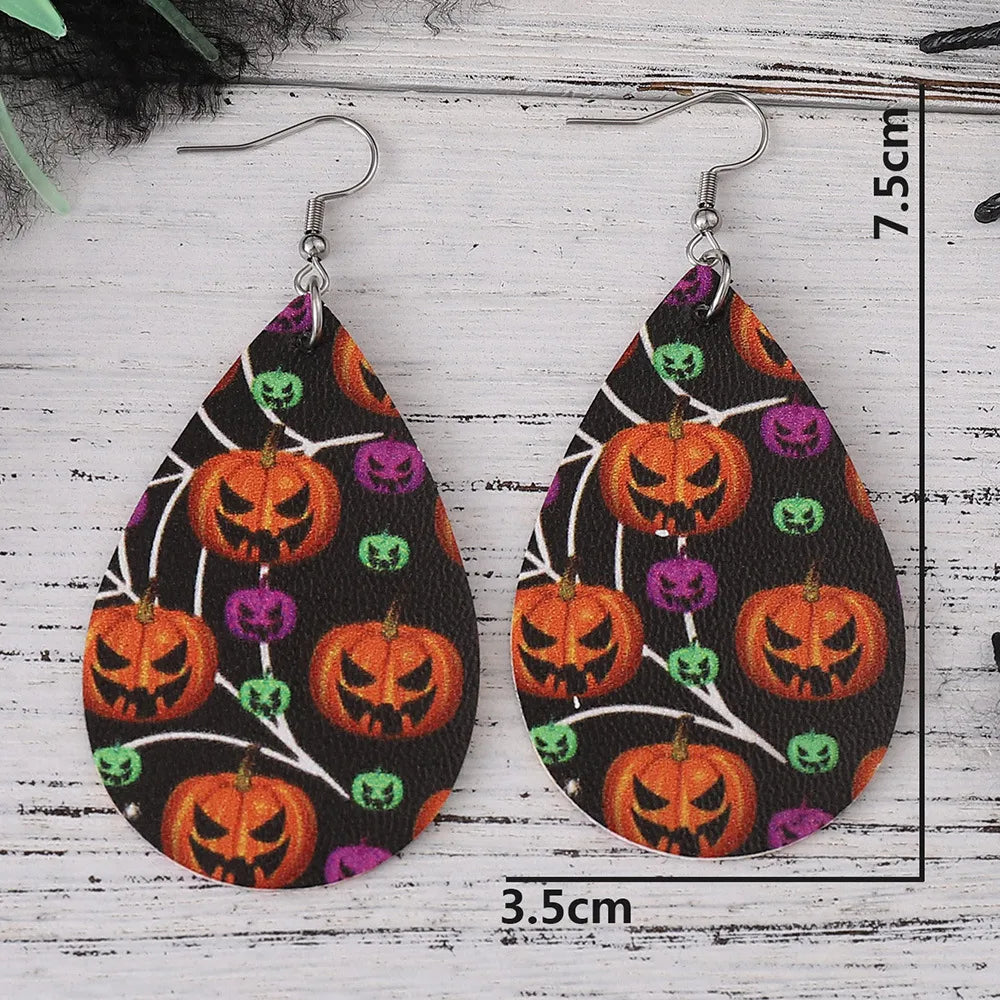 1 Pair Hip-Hop Retro Printing Pumpkin Water Droplets Pu Leather Drop Earrings